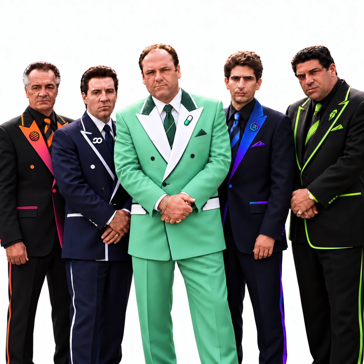 The five Pumpanos family members together, wearing their launchpad-themed suits